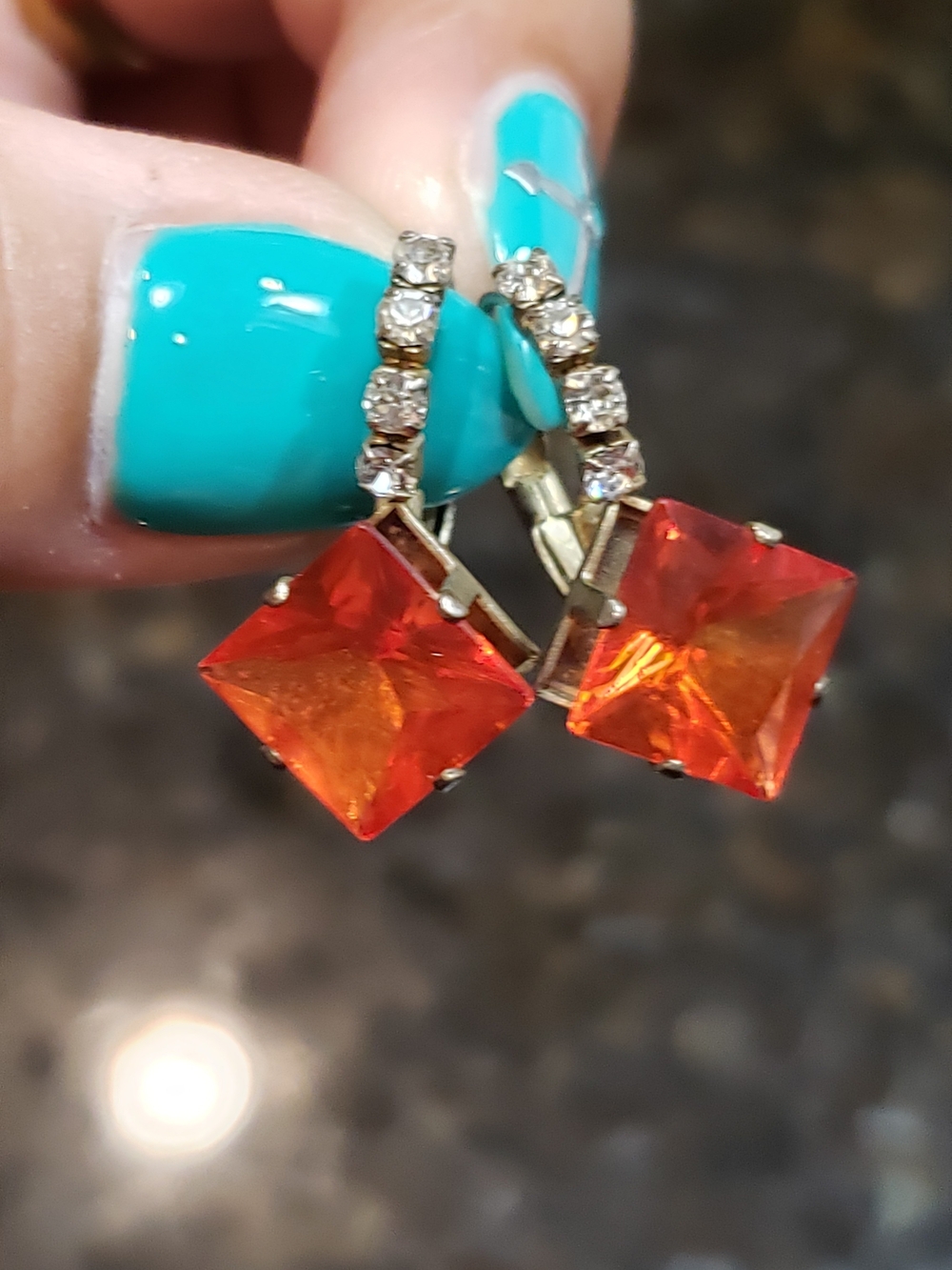 Vintage Orange Glass Drop Earrings with Pavé Accents